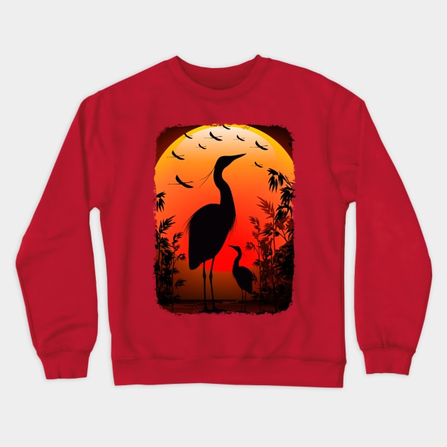Heron Shape on Peaceful Tropical Sunset Crewneck Sweatshirt by BluedarkArt